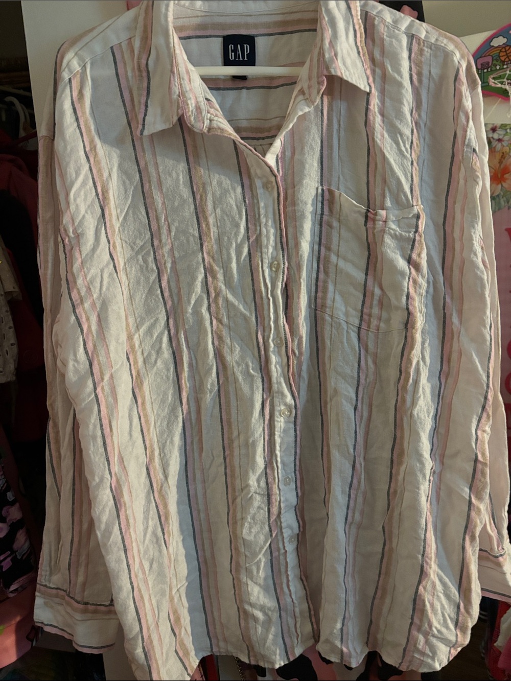 GAP Cream Button-Down Shirt with Pink and Blue Stripes